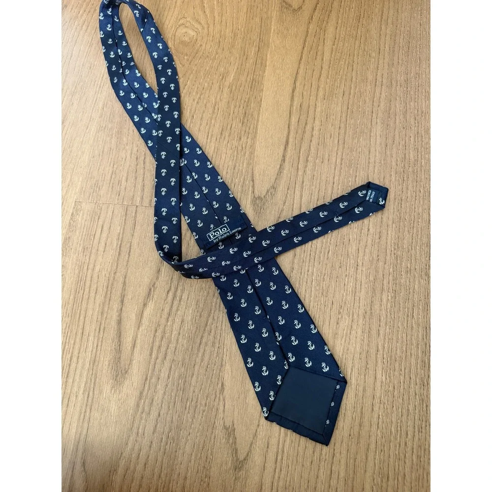 Polo Ralph Lauren Boys Navy Blue Silk Anchor Nautical Necktie Made in Italy